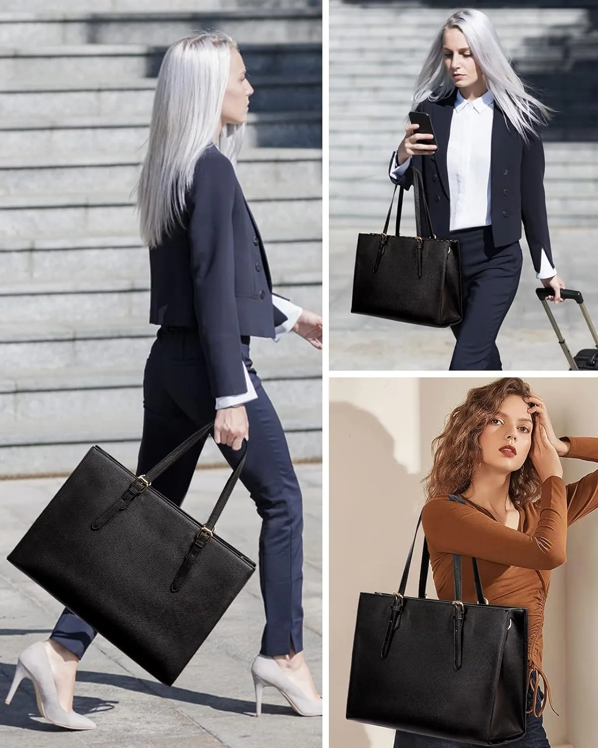 LOVEVOOK Laptop Bag for Women, Fashion Computer Tote Large Capacity, Leather Shoulder Bag Purse Set, Professional Business Work Briefcase for Office Lady 2PCs, Fit 15.6 Inch Laptop, Black