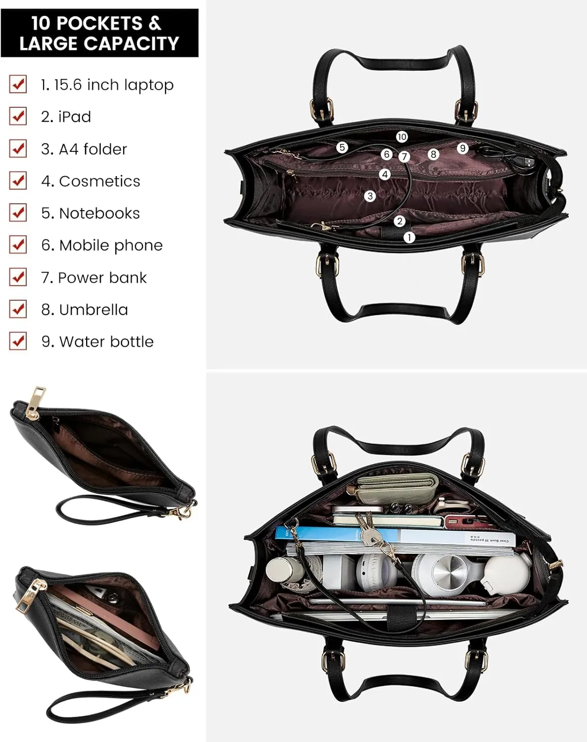 LOVEVOOK Laptop Bag for Women, Fashion Computer Tote Large Capacity, Leather Shoulder Bag Purse Set, Professional Business Work Briefcase for Office Lady 2PCs, Fit 15.6 Inch Laptop, Black