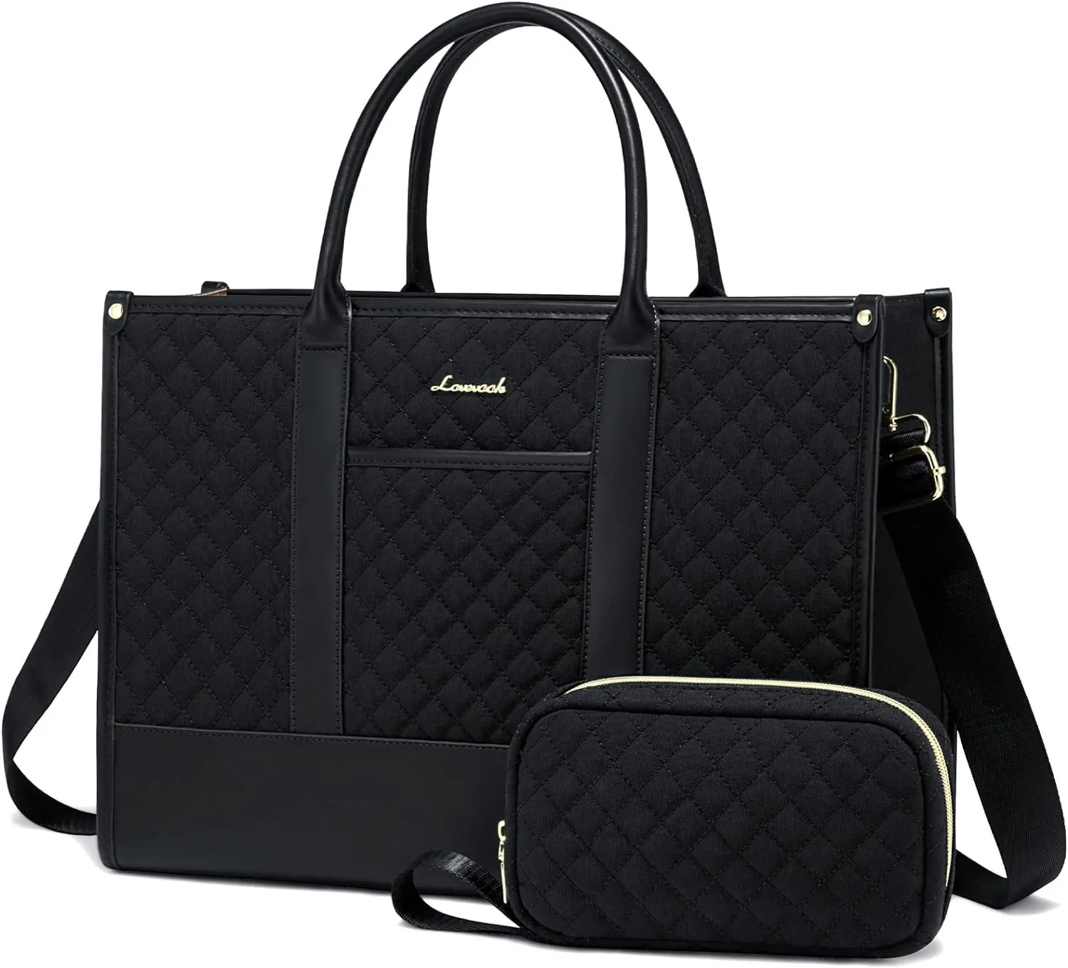 LOVEVOOK Laptop Bags for Women, 15.6 inch Waterproof Work Tote Bag with Clutch, Professional Teacher Computer Purse Lightweight Shoulder Bag Travel, Quilted Black
