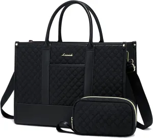 LOVEVOOK Laptop Bags for Women, 15.6 inch Waterproof Work Tote Bag with Clutch, Professional Teacher Computer Purse Lightweight Shoulder Bag Travel, Quilted Black