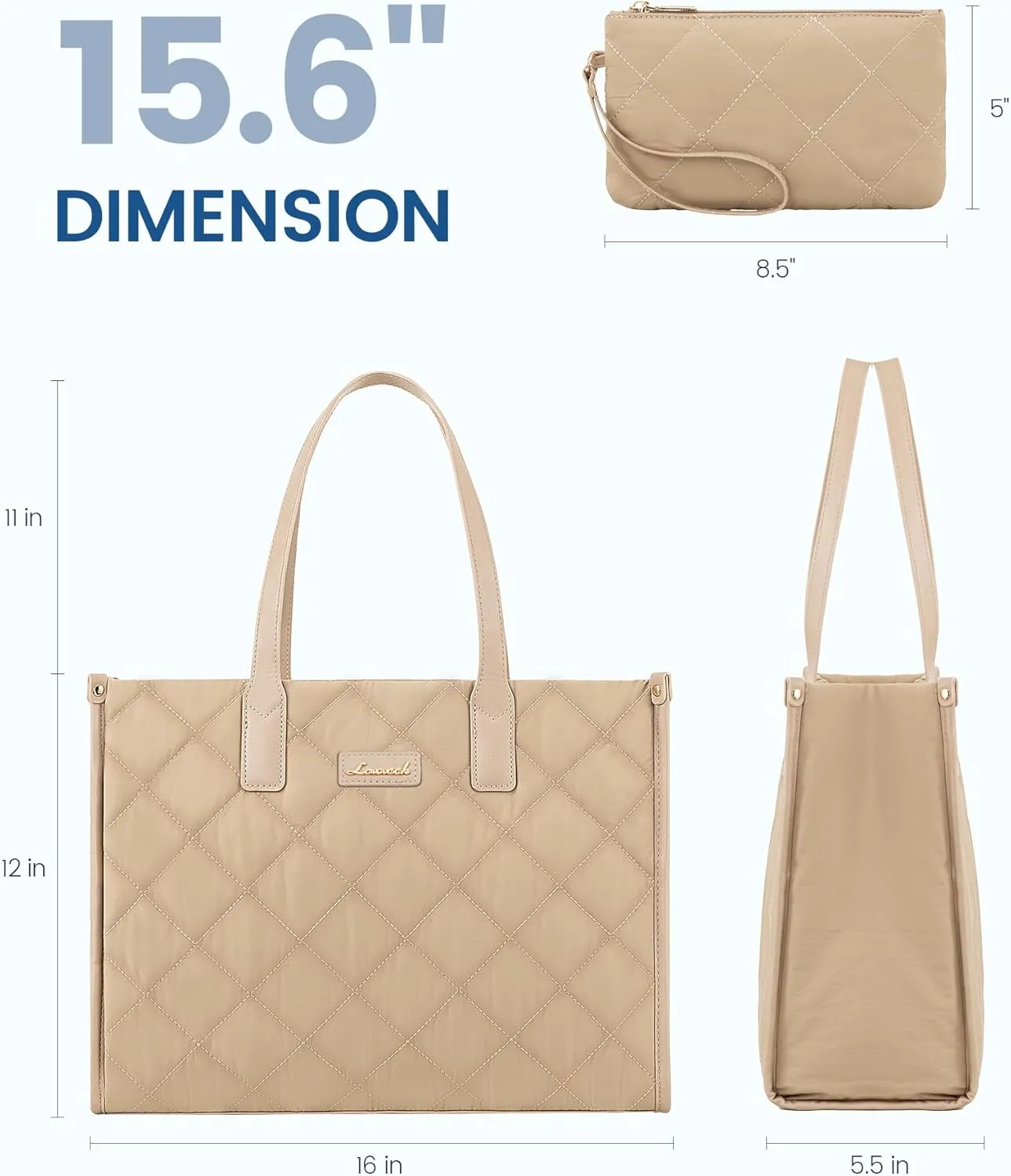 LOVEVOOK Laptop Puffer Tote Bag for Women, Lightweight Puffy Work Tote Bags fits 15.6 inch Computer, Cute Quilted Laptop Purse, Professional Business Office Briefcase Handbag, Khaki