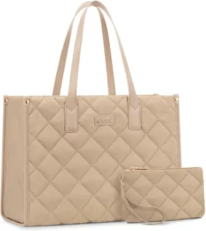LOVEVOOK Laptop Puffer Tote Bag for Women, Lightweight Puffy Work Tote Bags fits 15.6 inch Computer, Cute Quilted Laptop Purse, Professional Business Office Briefcase Handbag, Khaki