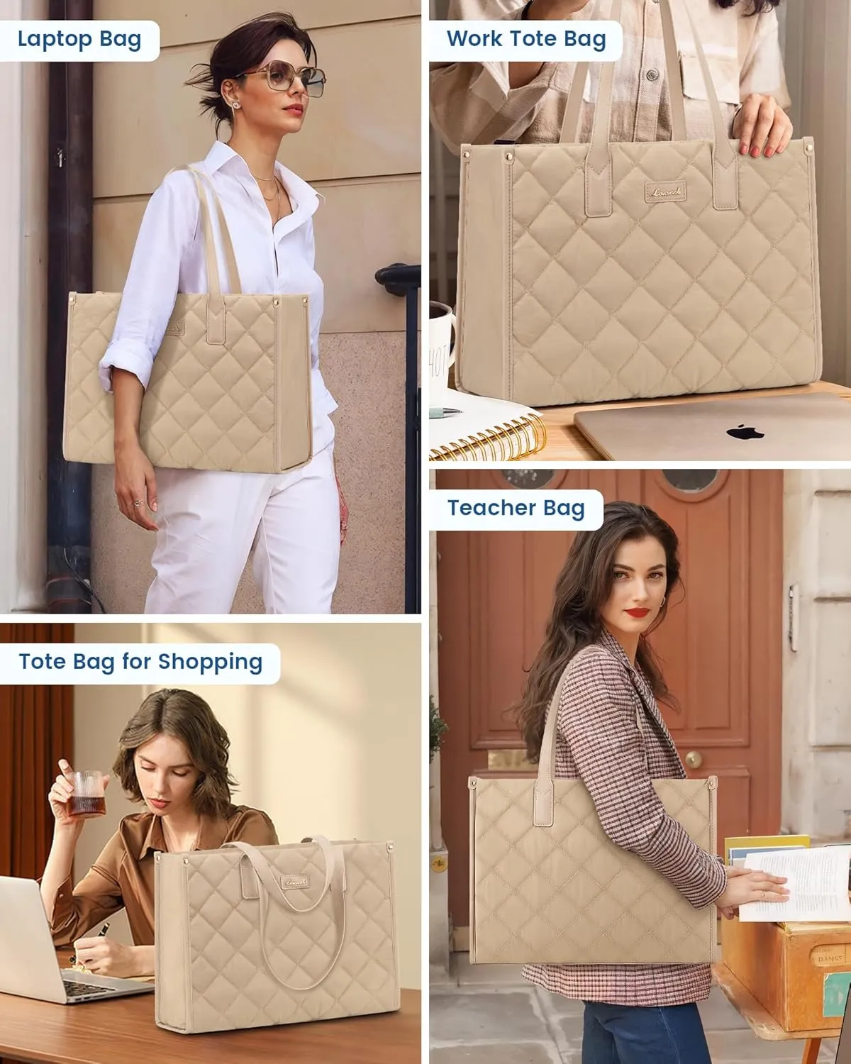LOVEVOOK Laptop Puffer Tote Bag for Women, Lightweight Puffy Work Tote Bags fits 15.6 inch Computer, Cute Quilted Laptop Purse, Professional Business Office Briefcase Handbag, Khaki