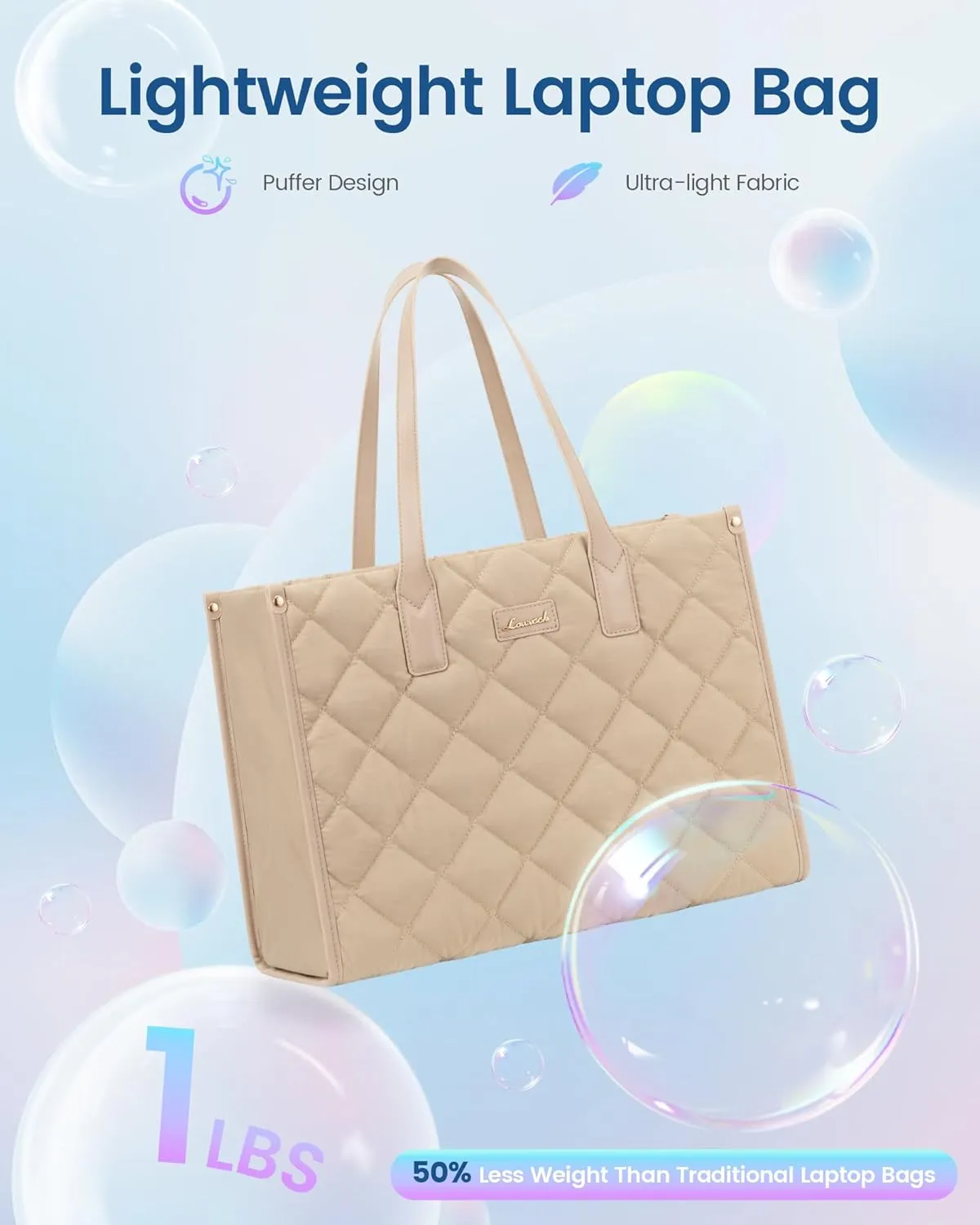 LOVEVOOK Laptop Puffer Tote Bag for Women, Lightweight Puffy Work Tote Bags fits 15.6 inch Computer, Cute Quilted Laptop Purse, Professional Business Office Briefcase Handbag, Khaki