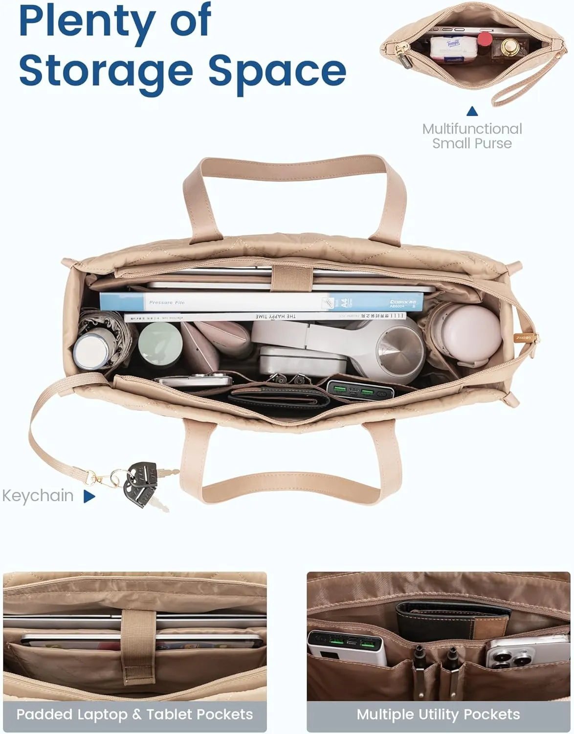 LOVEVOOK Laptop Puffer Tote Bag for Women, Lightweight Puffy Work Tote Bags fits 15.6 inch Computer, Cute Quilted Laptop Purse, Professional Business Office Briefcase Handbag, Khaki