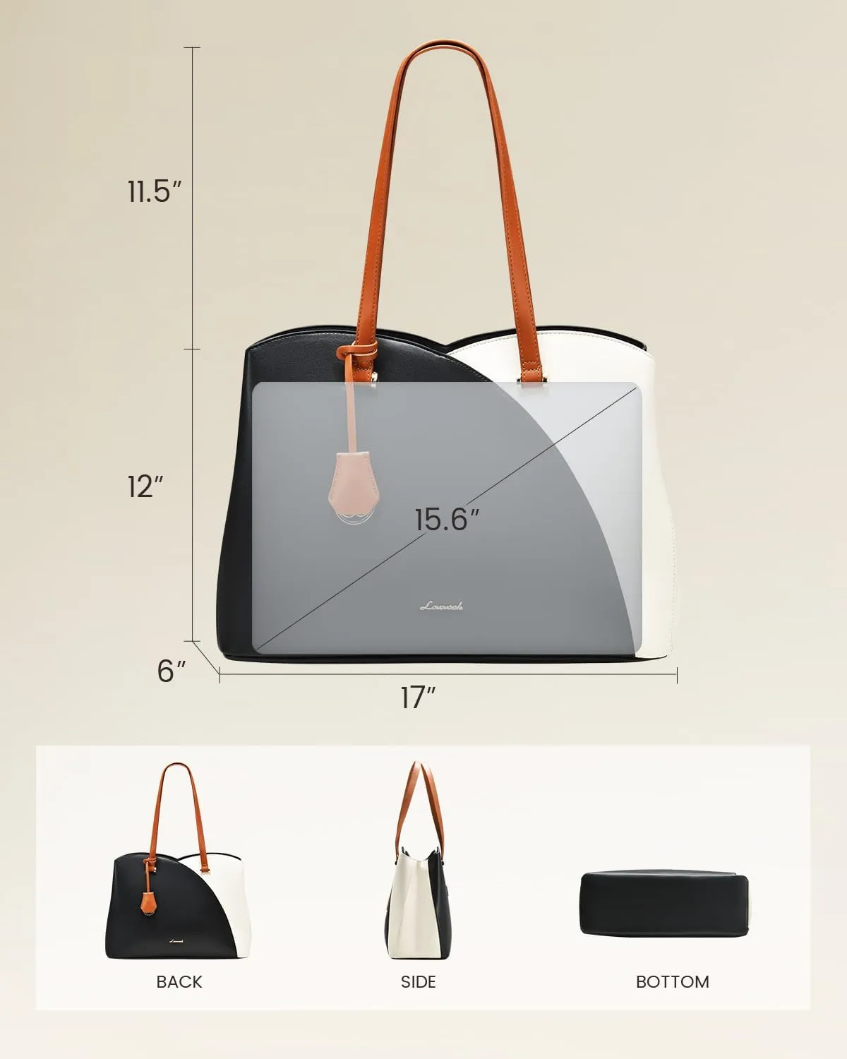 LOVEVOOK Laptop Tote Bag for Women, Work Bags Laptop Bag Teacher Tote Bag, Leather Computer Bag Large Purses Handbag Professional Briefcase, Black-Beige-Brown, 15.6 Inch