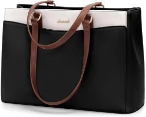 LOVEVOOK Laptop Tote Bag for Women, Work Bags Teacher Tote Bag, Waterproof Leather Computer Bag, Business Laptop Purse Office Handbag Professional Briefcase, 15.6 Inch, Black-Beige-Brown