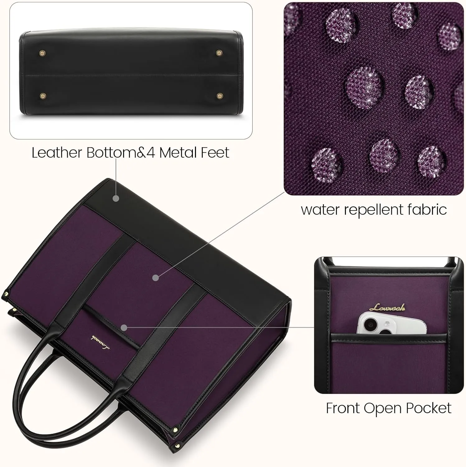 LOVEVOOK Laptop Tote Bags for Women Canvas Work Bag 15.6 inch Large Professional Teacher Purse Lightweight Computer Bag Briefcase Business Office, Purple-black