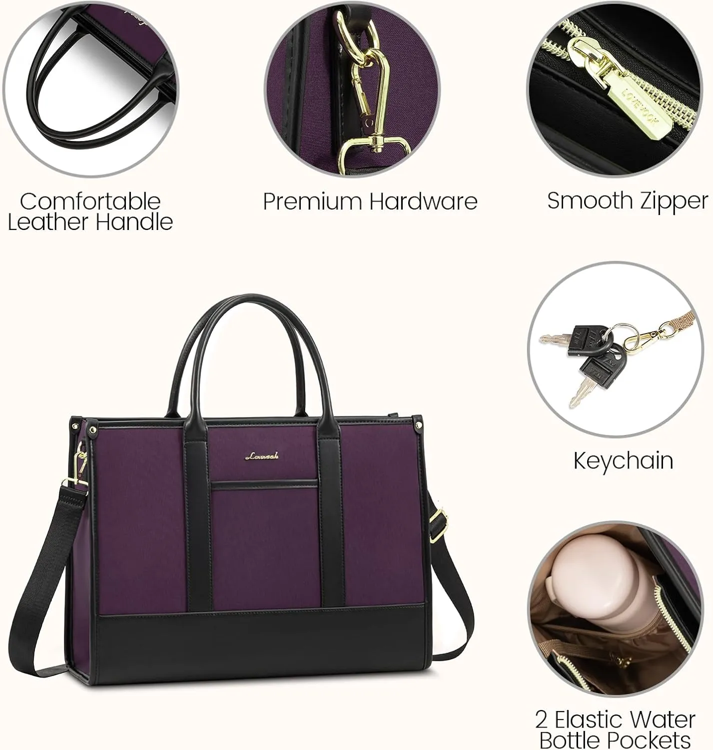 LOVEVOOK Laptop Tote Bags for Women Canvas Work Bag 15.6 inch Large Professional Teacher Purse Lightweight Computer Bag Briefcase Business Office, Purple-black