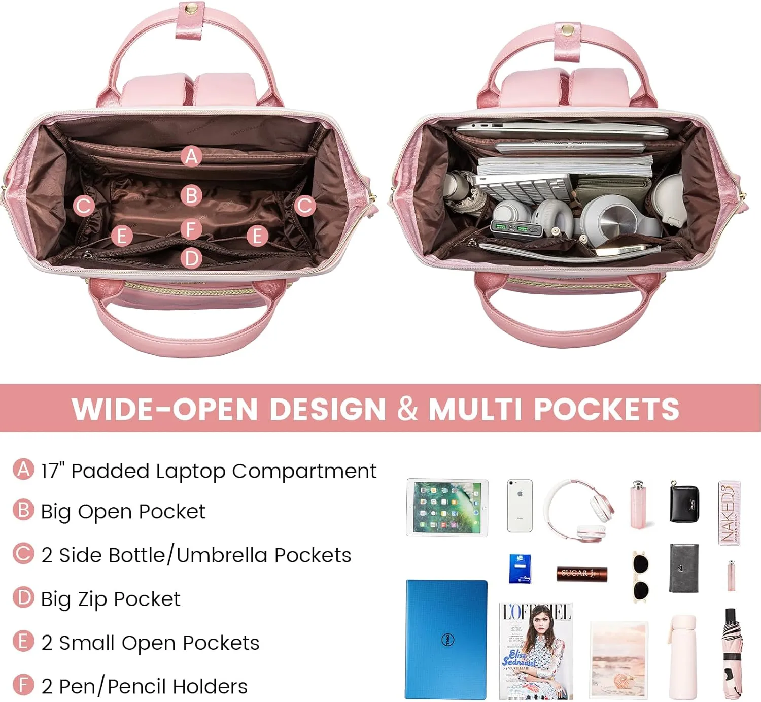 LOVEVOOK Leather Backpack for Women,17 inch Leather Laptop Backpack Women,Professional Work Backpack Nurse College Teacher Bag,Womens Laptop Tote Bag Computer Travel Backpack Purse,Beige White-Pink