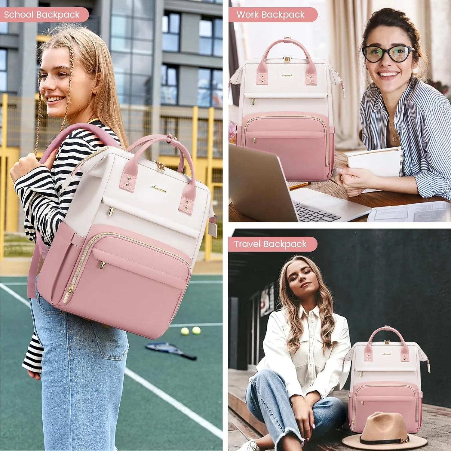 LOVEVOOK Leather Backpack for Women,17 inch Leather Laptop Backpack Women,Professional Work Backpack Nurse College Teacher Bag,Womens Laptop Tote Bag Computer Travel Backpack Purse,Beige White-Pink