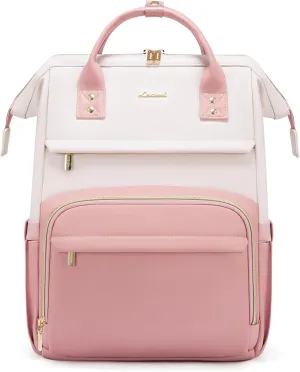 LOVEVOOK Leather Backpack for Women,18 inch Leather Laptop Backpack Women,Professional Work Backpack Nurse College Teacher Bag,Womens Laptop Tote Bag Computer Travel Backpack Purse,Beige White-Pink