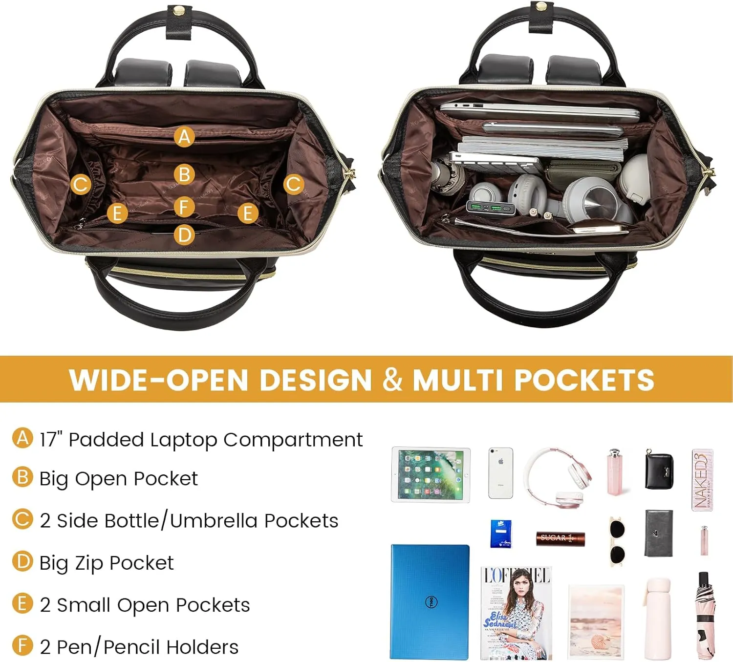 LOVEVOOK Leather Laptop Backpack for Women, 17 inch Professional Work & Travel Bag, Brown