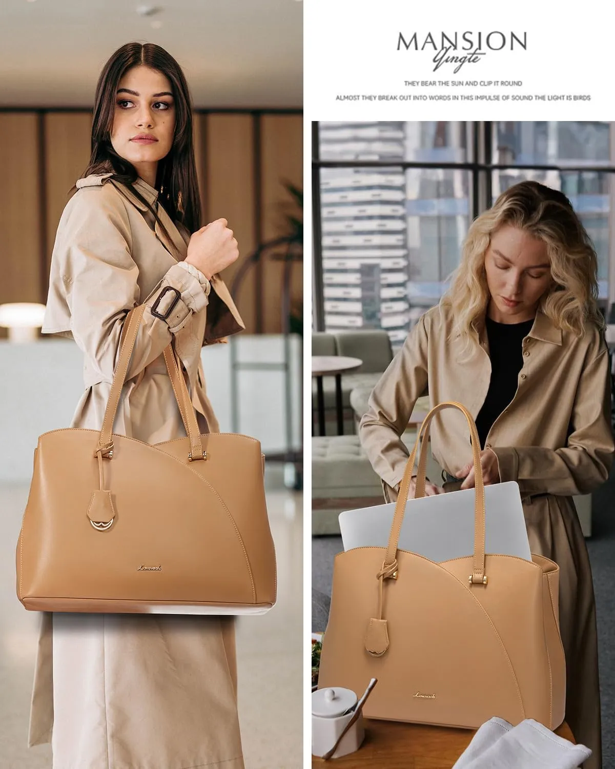 LOVEVOOK Work Laptop Tote Bag for Women, Leather Laptop Bag Teacher Tote Bag, Professional Computer Bag Large Purses Handbag, Beige, Fits 15.6 Inch Laptop