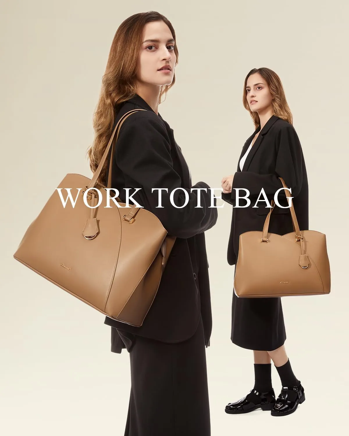 LOVEVOOK Work Laptop Tote Bag for Women, Leather Laptop Bag Teacher Tote Bag, Professional Computer Bag Large Purses Handbag, Beige, Fits 15.6 Inch Laptop