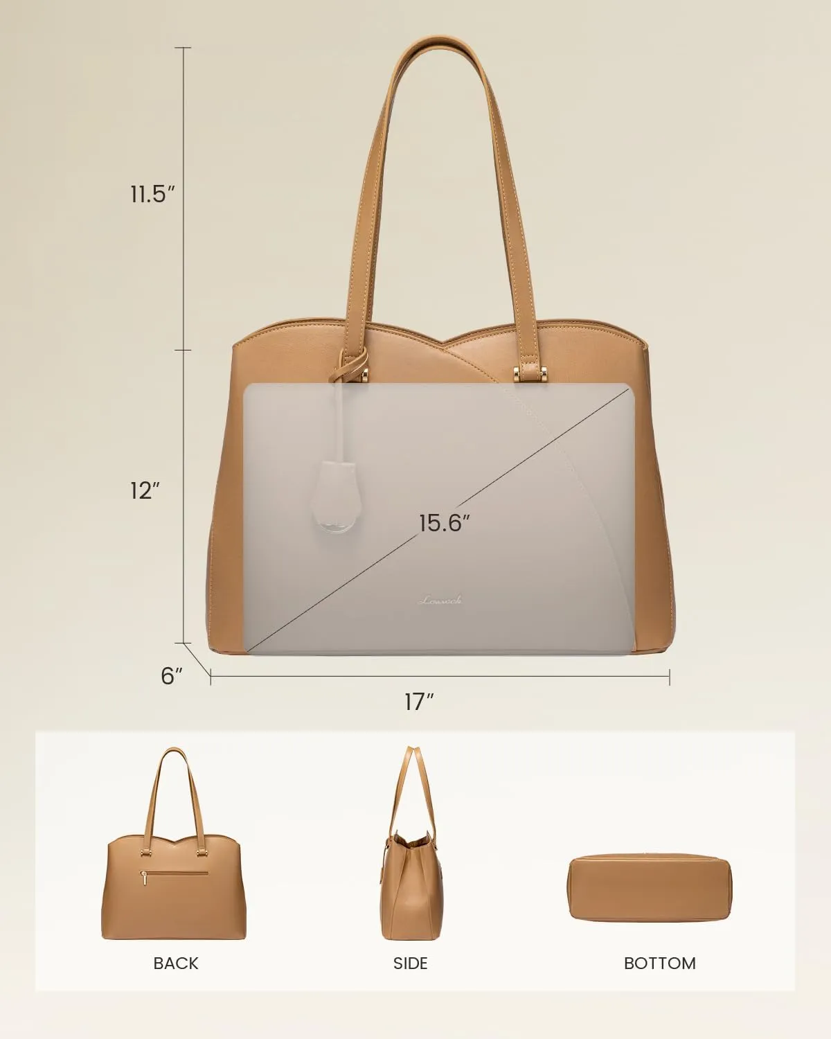 LOVEVOOK Work Laptop Tote Bag for Women, Leather Laptop Bag Teacher Tote Bag, Professional Computer Bag Large Purses Handbag, Beige, Fits 15.6 Inch Laptop