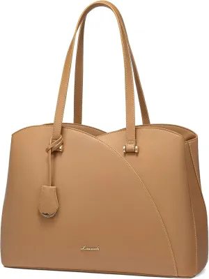 LOVEVOOK Work Laptop Tote Bag for Women, Leather Laptop Bag Teacher Tote Bag, Professional Computer Bag Large Purses Handbag, Beige, Fits 15.6 Inch Laptop
