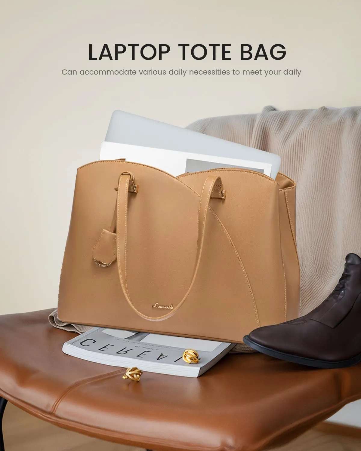 LOVEVOOK Work Laptop Tote Bag for Women, Leather Laptop Bag Teacher Tote Bag, Professional Computer Bag Large Purses Handbag, Beige, Fits 15.6 Inch Laptop