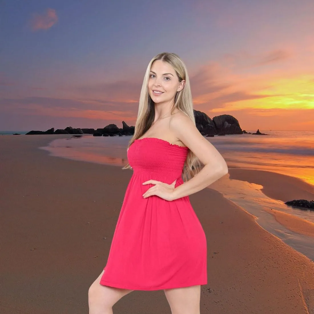 Loxdonz Women's Sun Strapless Tube Short Dress Summer Dresses Casual Mini Beach Cover Up
