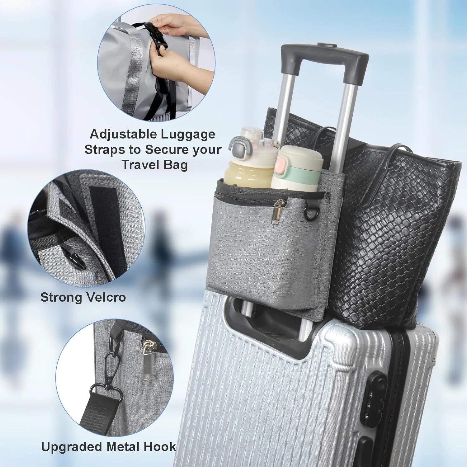 Luggage Travel Cup Holder with Straps for Add a Bag Hands Free Suitcases Drink Carrier Beverage Caddy Travel Accessories Gift for Flight Attendants Travelers Gray
