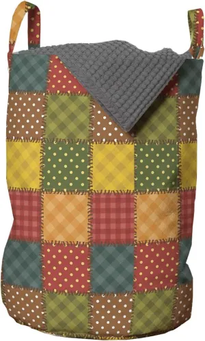 Lunarable Colorful Laundry Bag, Different Geometric Patterns Combined Together with Stitch-Like Ornamentation, Hamper Basket with Handles Drawstring Closure for Laundromats, 13" x 19", Multicolor