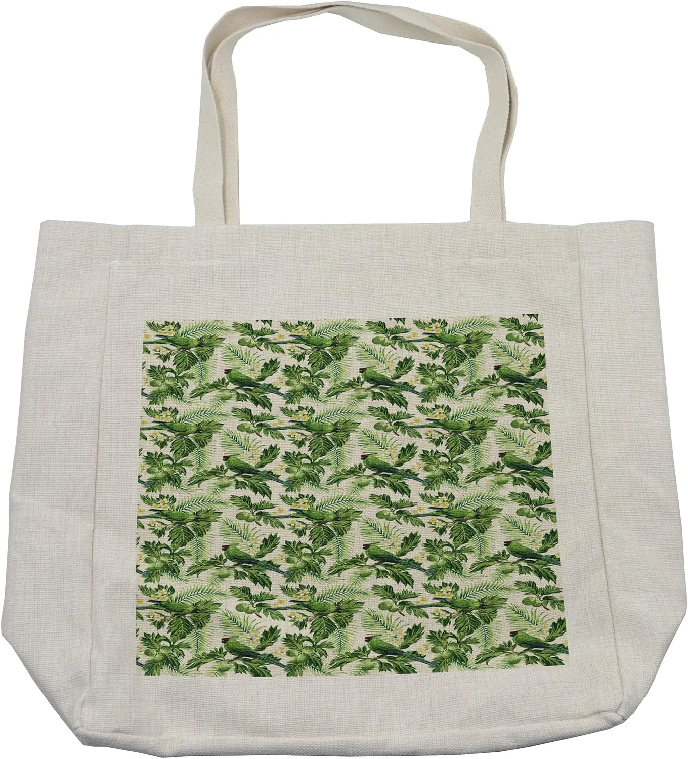 Lunarable Green Shopping Bag, Exotic Tropic Pattern with Palm Leaves Breadfruits Plumeria Flowers and Parrots, Eco-Friendly Reusable Bag for Groceries Beach and More, 15.5" X 14.5", Cream
