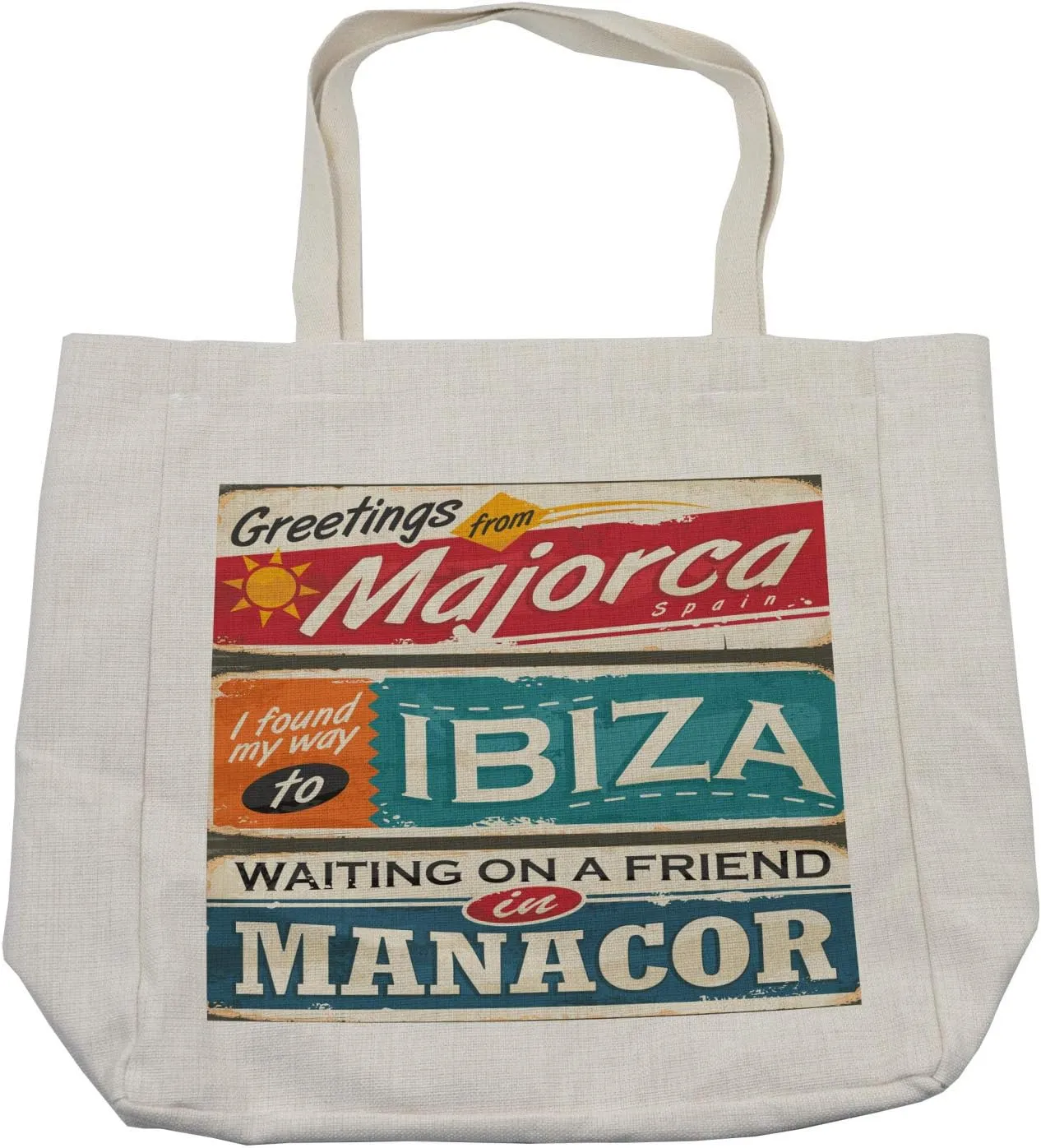 Lunarable Ibiza Shopping Bag, Vacation Themed Majorca Ibiza and Manacor Exotic Places from Balear Region Spain, Eco-Friendly Reusable Bag for Groceries Beach and More, 15.5" X 14.5", Cream