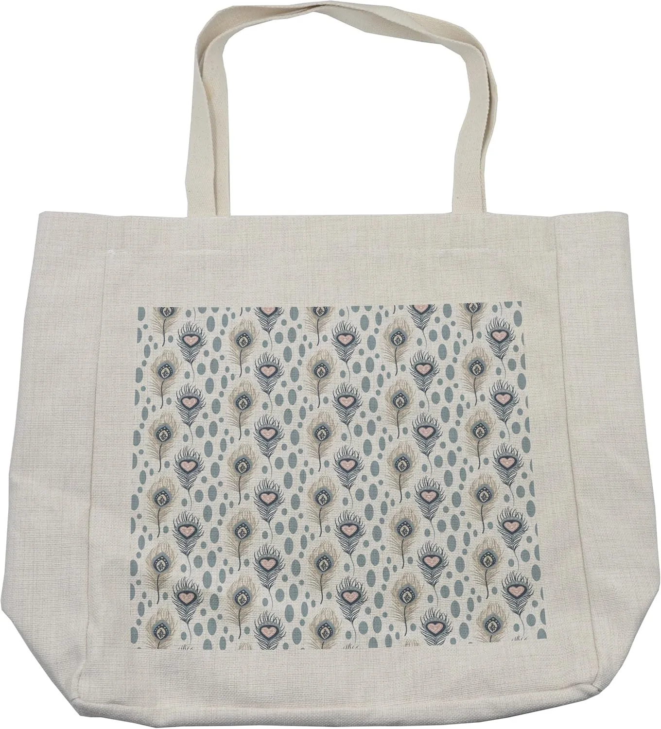 Lunarable Peacock Shopping Bag, Symbolic Plumage with Hearts and Spots Love Valentines Exotic Wild Image, Eco-Friendly Reusable Bag for Groceries Beach and More, 15.5" X 14.5", Cream