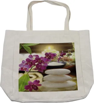Lunarable Spa Shopping Bag, Refreshing Spa Day with Stones Herbal Salts and the Exotic Flowers Print, Eco-Friendly Reusable Bag for Groceries Beach and More, 15.5" X 14.5", Cream