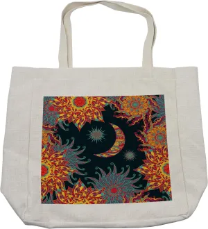 Lunarable Sun and Moon Shopping Bag, Tropical Floral Swirls Ornate Sky Elements Curly Exotic Galaxy Representation, Eco-Friendly Reusable Bag for Groceries Beach and More, 15.5" X 14.5", Cream