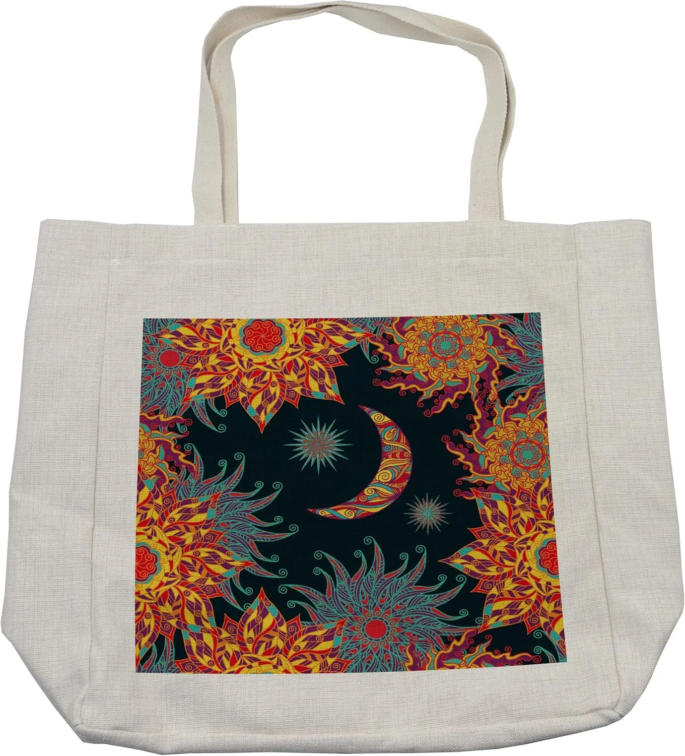 Lunarable Sun and Moon Shopping Bag, Tropical Floral Swirls Ornate Sky Elements Curly Exotic Galaxy Representation, Eco-Friendly Reusable Bag for Groceries Beach and More, 15.5" X 14.5", Cream