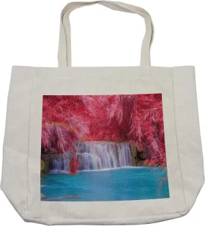 Lunarable Waterfall Shopping Bag, Mother Natures Gift Immense Waterfall with Pink Exotic Trees Laos Photography, Eco-Friendly Reusable Bag for Groceries Beach and More, 15.5" X 14.5", Cream