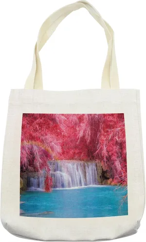 Lunarable Waterfall Tote Bag, Mother Natures Gift Immense Waterfall with Pink Exotic Trees Laos Photography, Cloth Linen Reusable Bag for Shopping Books Beach and More, 16.5" X 14", Cream