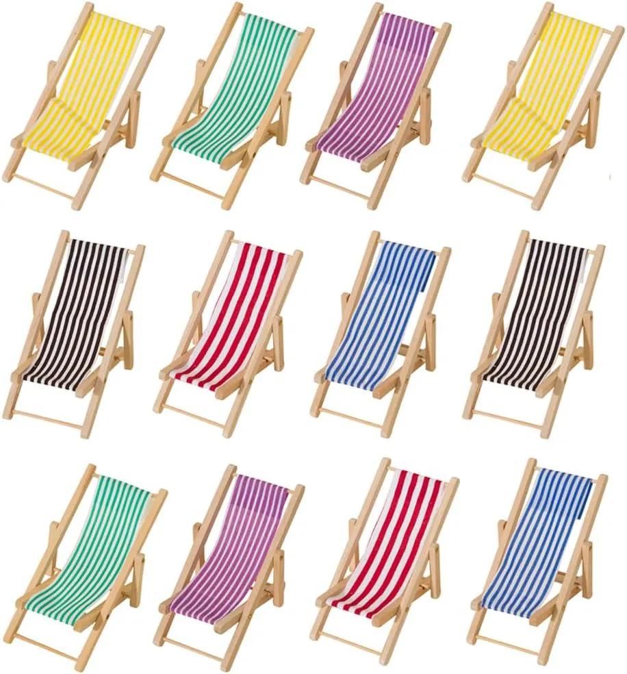 LUOZZY 12pcs Dollhouse Miniature Furniture Accessories Mini Wooden Folding Beach Sunbath Chair Longue Deck Chair for Fairy Garden Dollhouse Decoration