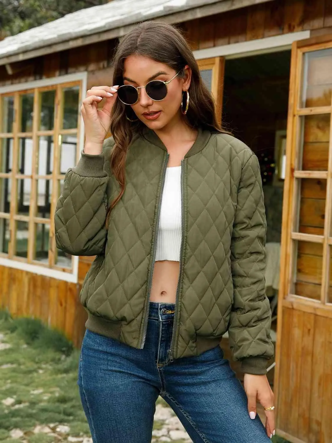 Lush Embrace Zip-Up Quilted Bomber Jacket