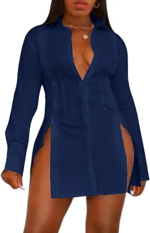 LYANER Women's Button Down Shirt Dress Collar V Neck Long Sleeve Slit Sexy Shirt Dresses