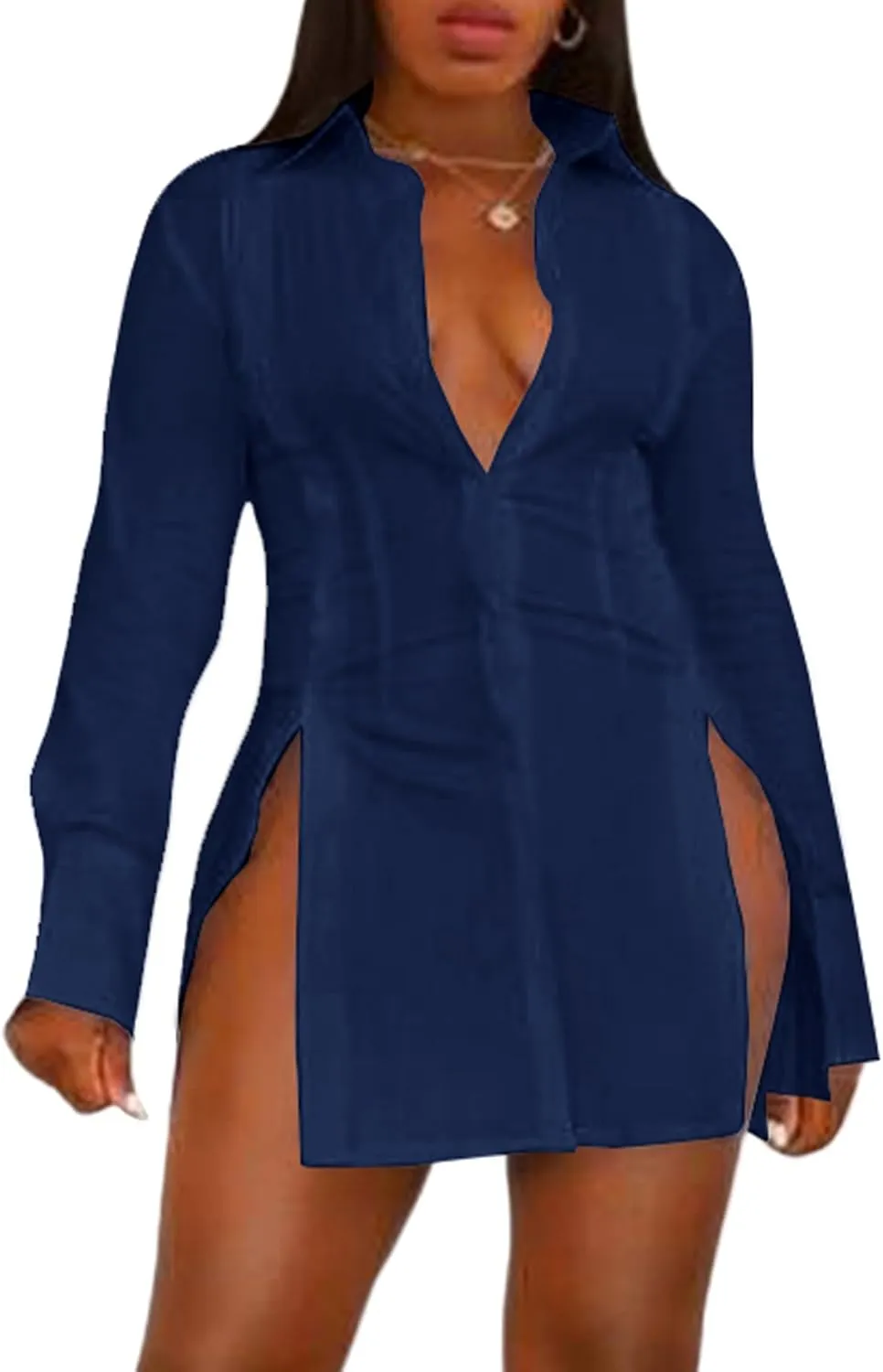 LYANER Women's Button Down Shirt Dress Collar V Neck Long Sleeve Slit Sexy Shirt Dresses