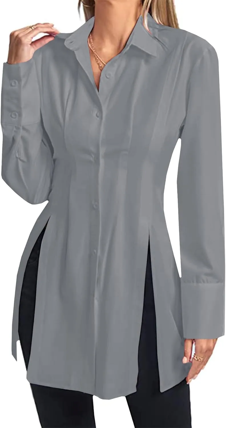 LYANER Women's Button Down Shirt Dress Collar V Neck Long Sleeve Slit Sexy Shirt Dresses