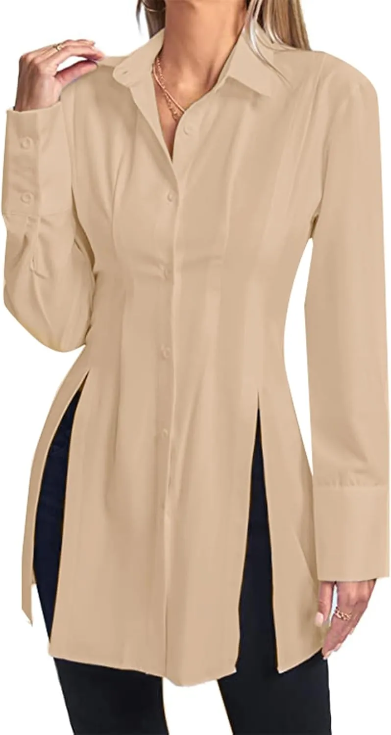 LYANER Women's Button Down Shirt Dress Collar V Neck Long Sleeve Slit Sexy Shirt Dresses