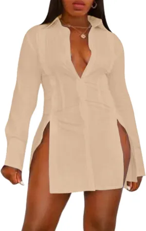 LYANER Women's Button Down Shirt Dress Collar V Neck Long Sleeve Slit Sexy Shirt Dresses