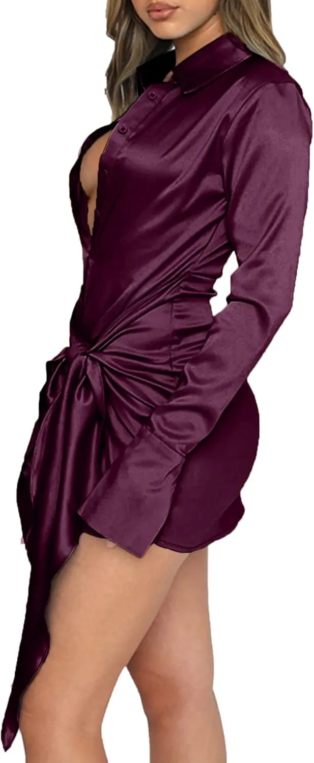 LYANER Women's Stain Deep V Neck Button Down Tie Front Long Sleeve Mini Short Dress