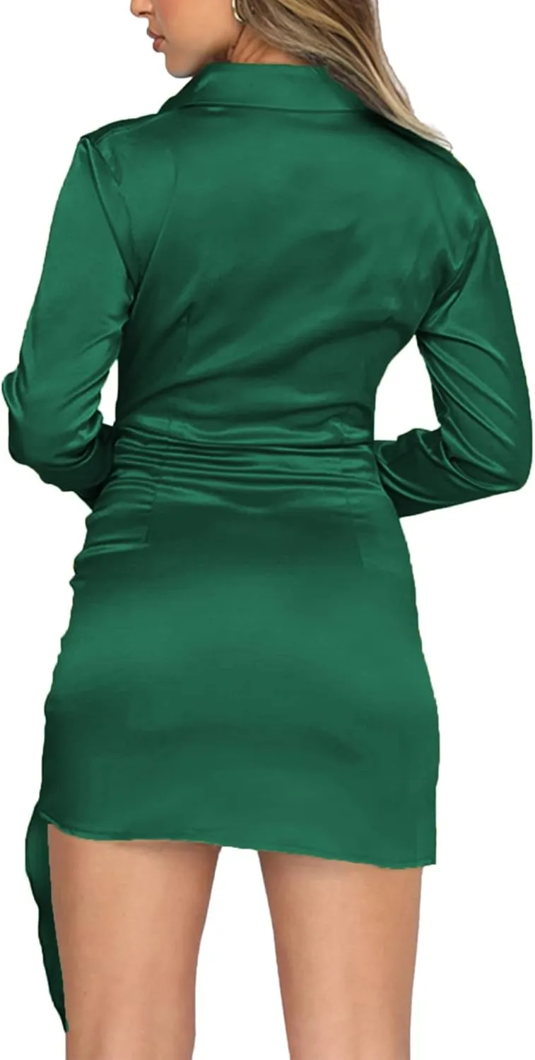 LYANER Women's Stain Deep V Neck Button Down Tie Front Long Sleeve Mini Short Dress