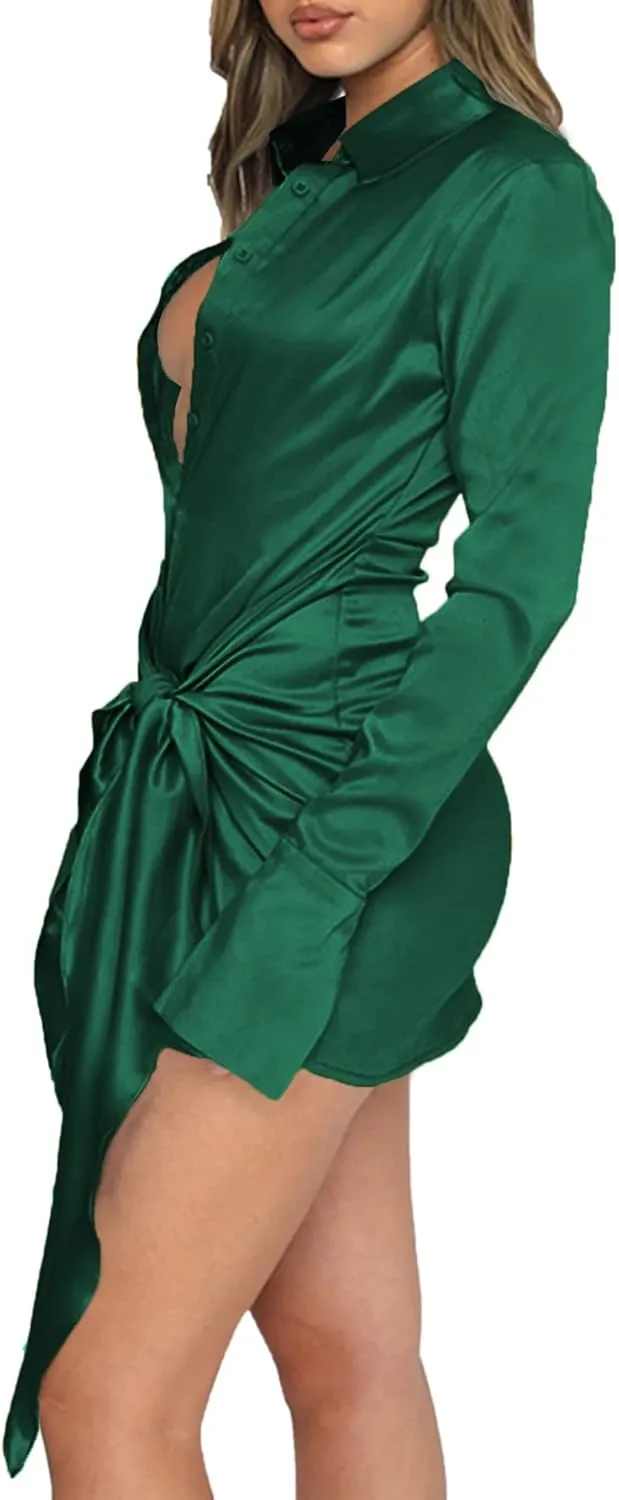 LYANER Women's Stain Deep V Neck Button Down Tie Front Long Sleeve Mini Short Dress