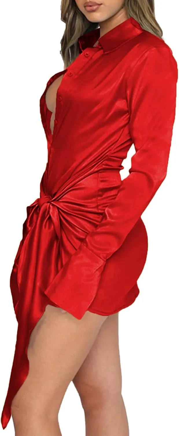 LYANER Women's Stain Deep V Neck Button Down Tie Front Long Sleeve Mini Short Dress