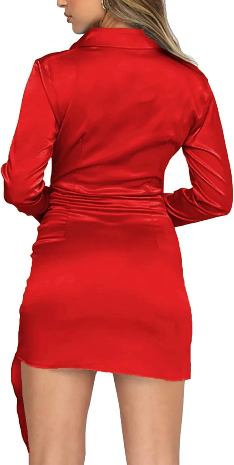 LYANER Women's Stain Deep V Neck Button Down Tie Front Long Sleeve Mini Short Dress