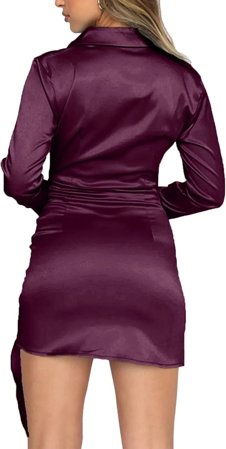 LYANER Women's Stain Deep V Neck Button Down Tie Front Long Sleeve Mini Short Dress