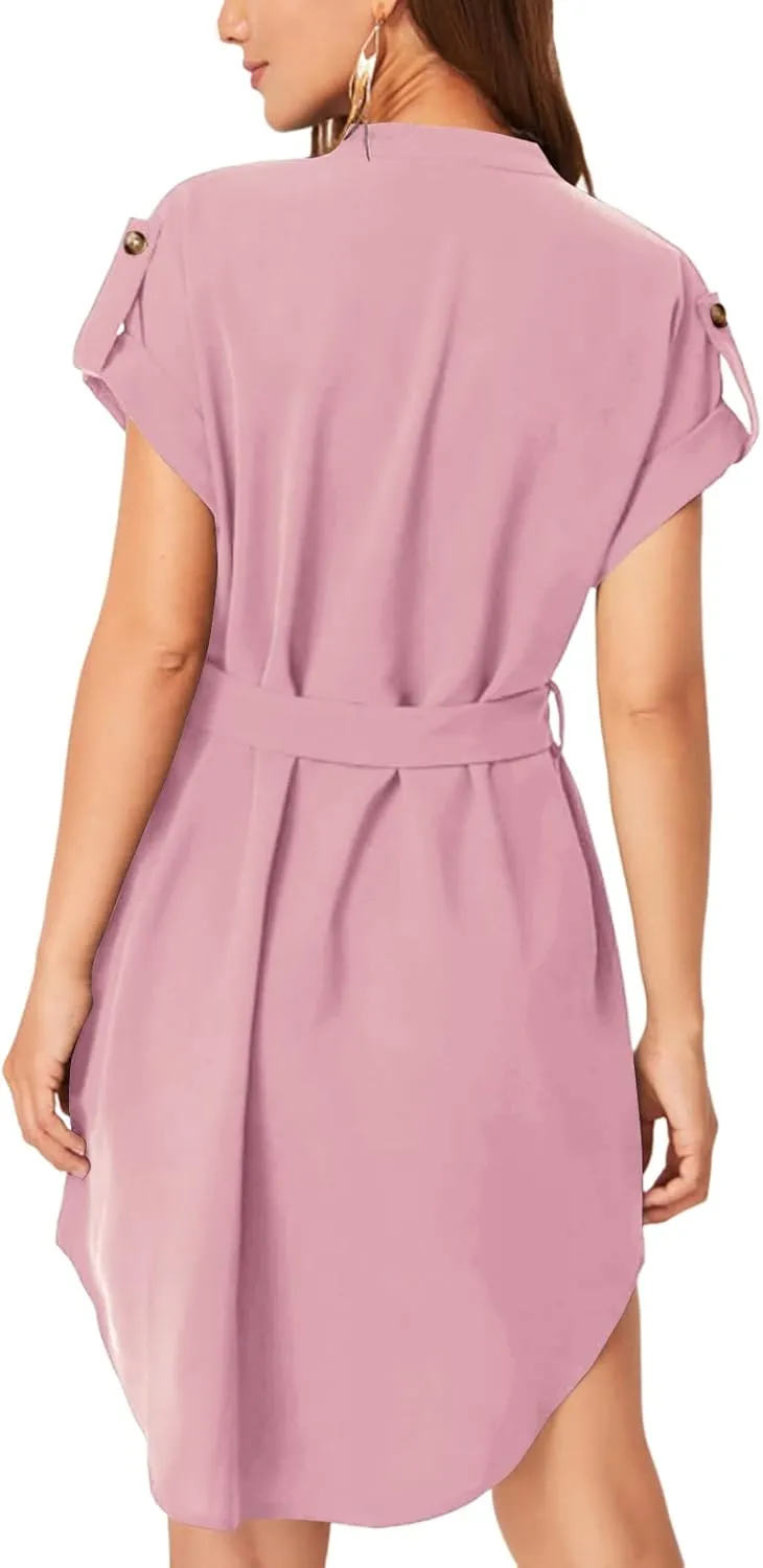 LYANER Women's V Neck Belted High Low Roll Short Sleeve Office Tunic Mini Dress