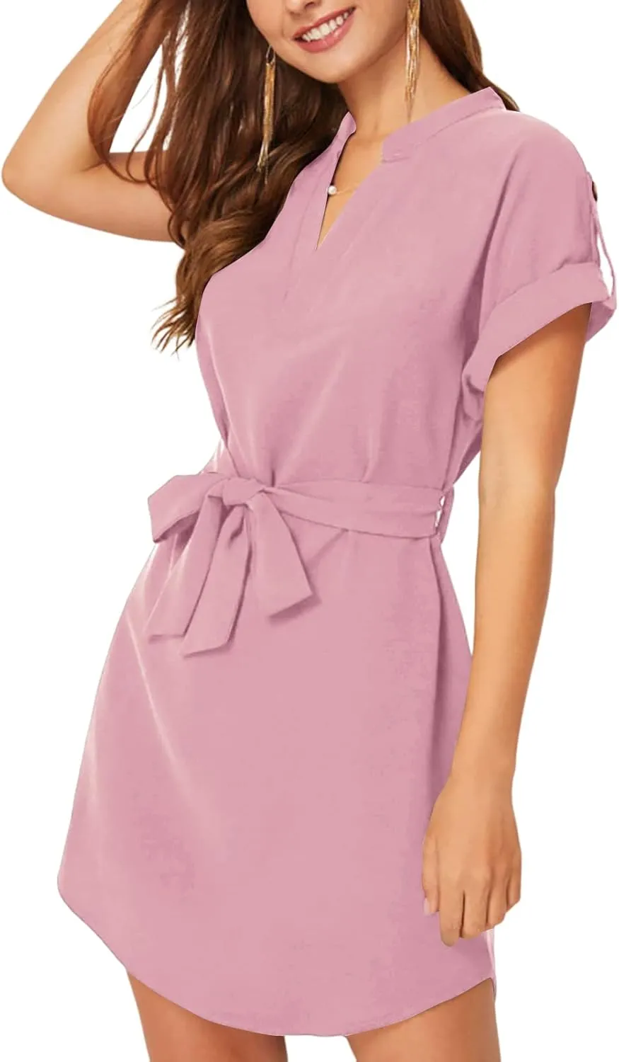 LYANER Women's V Neck Belted High Low Roll Short Sleeve Office Tunic Mini Dress