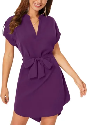 LYANER Women's V Neck Belted High Low Roll Short Sleeve Office Tunic Mini Dress