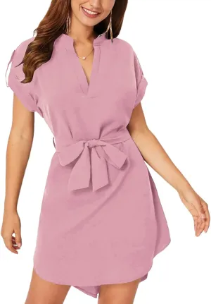 LYANER Women's V Neck Belted High Low Roll Short Sleeve Office Tunic Mini Dress